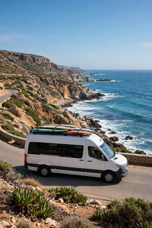 Bus Taghazout Imsouane shuttle on coastal road with surfboards