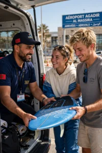 Agadir airport shuttle pickup with surfboard - Taghazout Imsouane transfer